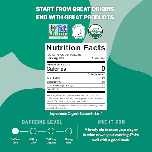Image of FGO Organic Spearmint Leaf Tea, 100 Count, Eco-Conscious Tea Bags, Caffeine Free, Resealable Bag, Packaging May Vary (Pack of 1)