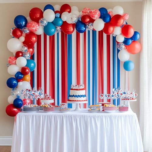 Image of 6 Red White Blue Streamers, 492ft Pack of Crepe Paper Party Decorations | Each roll is 82 ft long and 1.8 Inch wide ideal for Birthday Party Decor, Baby showers and 4th of July Celebrations
