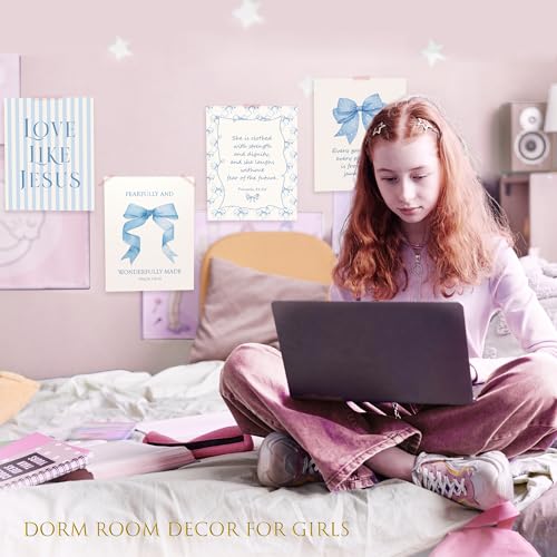 lartsfro coquette blue bow jesus wall art decor posters light blue bow christian room bathroom bedroom dorm wall art decor aesthetic for college teen girls gifts inspirational bible verses bow wall decor 10x8 inch set of 4 bow picturesunframed