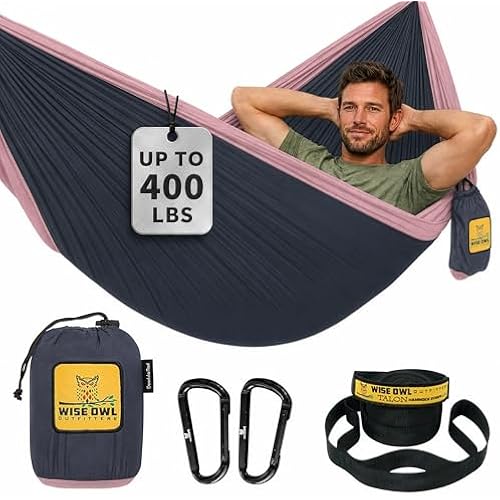 Wise Owl Outfitters Hammock for Camping Single Hammocks Gear for The Outdoors Backpacking Survival or Travel - Portable Lightweight Parachute Nylon SO Charcoal Rose