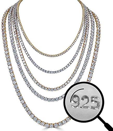 Real Solid 925 Silver Men's Tennis Chain - 14k Gold Plated Or Natural Silver - 16-30" - 3mm 4mm 5mm 6mm - Iced Hip Hop CZ Men's One Row Chain