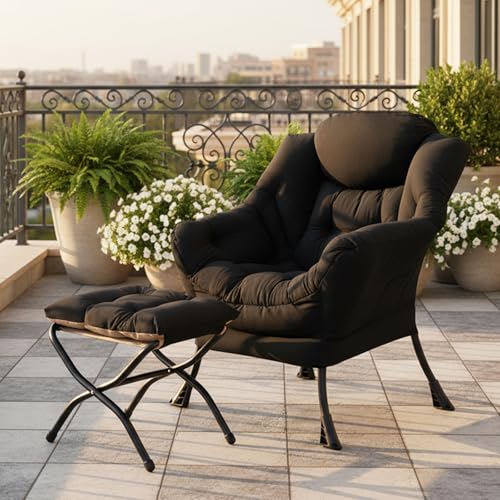 Image of Tiita Lazy Chair with Ottoman, Black Modern Large Accent Chair, Comfy Leisure Sofa Armchair with Ottoman, Reading Chair with Footrest for Bedroom, Living Room, Dorm Rooms, Velvet Black