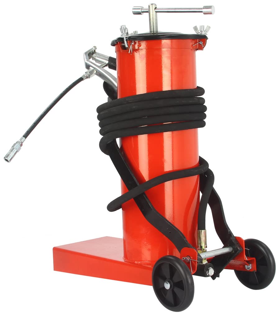 Ingrassatore Pneumatico a Barile 6L 360 Bar Lubrificatore Grasso a Pedana Tubo 4m | con Ruote | Azionamento Leva | 2 estremità Rigida e Flessibile