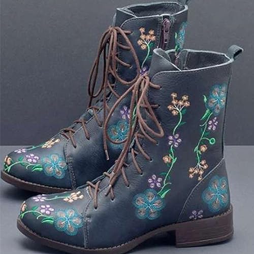 Boots for Women Printed Embroidery Boots Slipper Round Toe Chunky Heel Boots Outdoor Lace Up Mid Calf Boots2