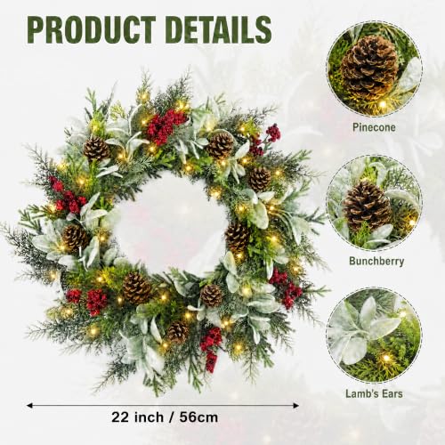 Pinkpum 22" Christmas Wreath with Lights & Timer Pinecone Berry Lamb's Ear - image 3