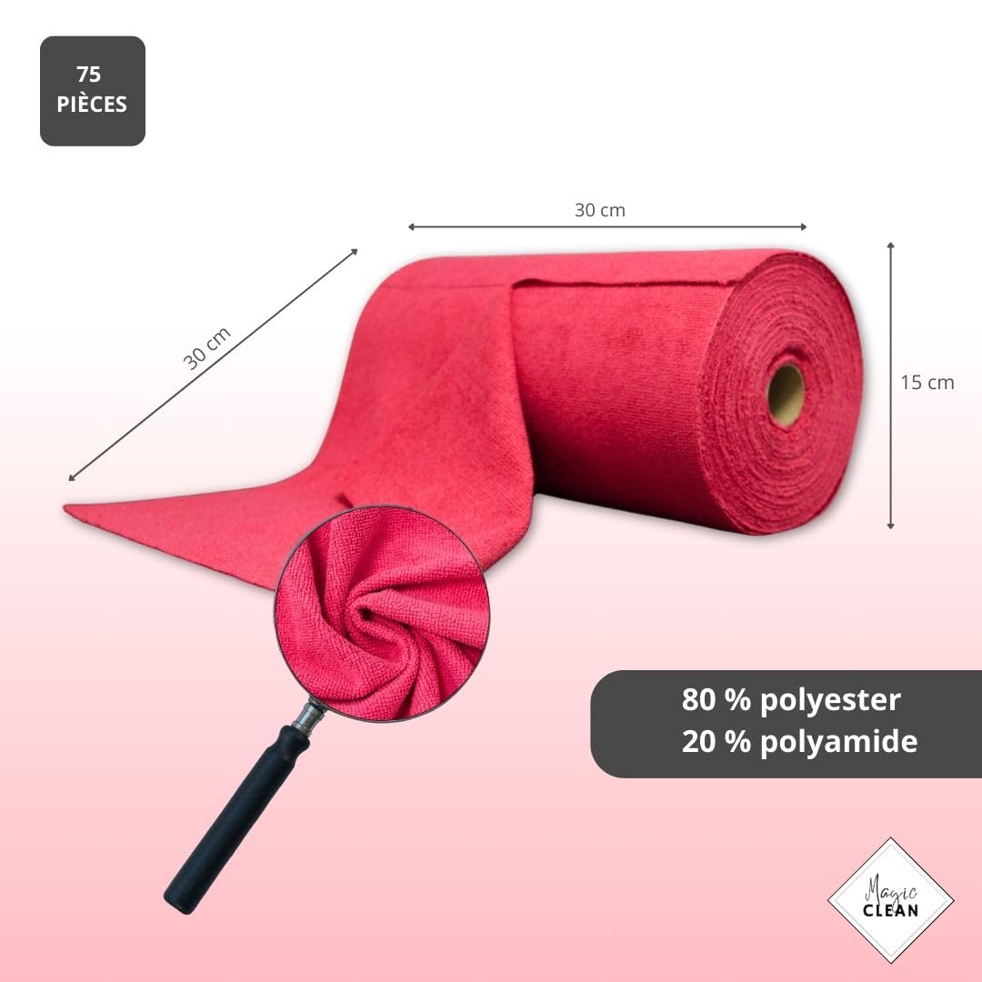 Phoenix Rollo de Microfibra Box de 75 paños de Microfibra Reutilizables – paños de Limpieza mágicos para Ventanas y Coches, Microfibra, 30 x 30 cm, Gruesos y absorbentes, Color Rojo