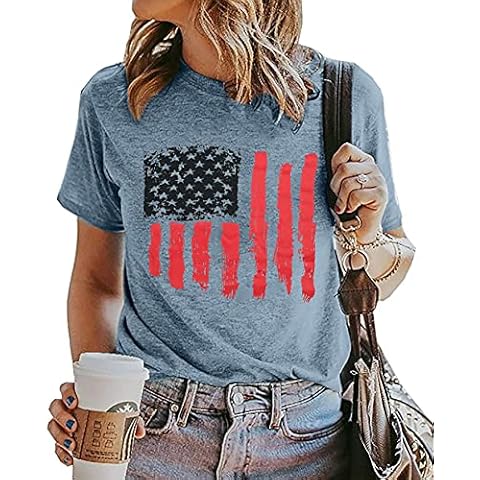 American Flag Shirts for Women Funny 4th of July Graphic Tee USA Patriotic T Shirt Casual Short Sleeve Tops - blue - Small Cover