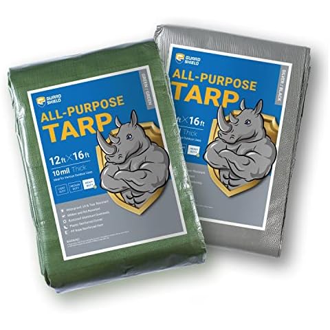 GUARD SHIELD Heavy Duty Tarps 2 Pack Bundle Green and Silver/Black 12x16 Feet Waterproof Poly Tarp Cover Outdoor Thick UV Resistant Tarpaulin with Grommets 10mil Cover