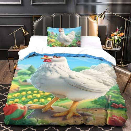 Parure de lit 3D Coq microfibre avec housse de couette et taie d'oreiller pour lit simple