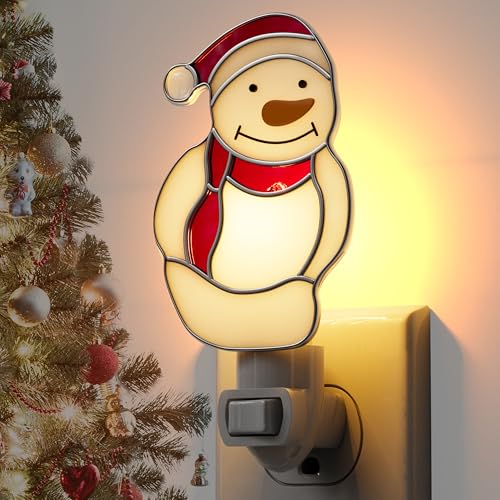 Image of Night Lights Plug into Wall Christmas Snowmen Stained Glass Plug in Night Light Dusk to Dawn 3000K Warm White Nightlight Switch On /Off for Adult Kids Room Bathroom Hallway Kitchen Non-Dim