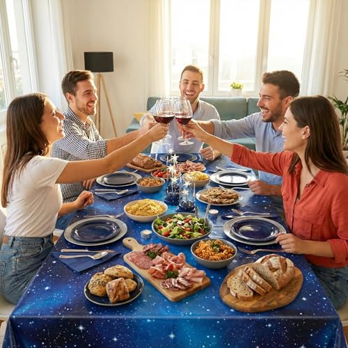 Image of NatNarr 3 Pack Plastic Space Tablecloth, 54 x 108 Inch Disposable Galaxy Themed Tablecloth Waterproof Rectangle Star Party Table Cover for Home Party Decorations