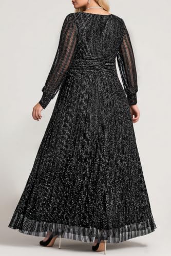 Pinup Fashion Plus Size Formal Evening Black Glitter Long Sleeve Long Dress #TOP6
