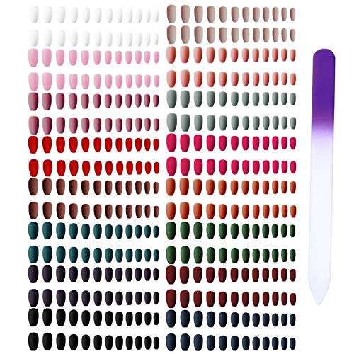 384pcs Matte Pure Color Coffin False Nails Ballerina Artificial Fake nails Full Cover Fingernails Nail Tips Kit with One Crystal Nail File for Nail Art Salon DIY Decoration (Coffin)