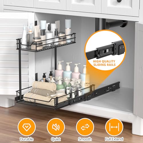 2 Pack Heavy Duty Under Sink Organizer, Pull Out Cabinet Organizer for KItchen Bathroom, 2 Tier Kitchen Sink Organizer and Storage, Fully Extendable, Large-sized, 16.7"D x 13"W x 15.7"H by NestSprout - Image 3