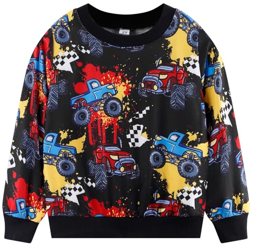 Image of Akyzic Toddler Boys Sweatshirts Cotton Crewneck Truck Shirt Dinosaur Long Sleeve Pullover Tops Tees 2-8T