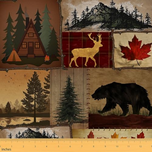 Erosebridal Hunting Animal Upholstery Fabric by The Yard, Woodland Deer Bear, Autumn Rustic Plants Maple Cabin Decorative, Patchwork Wildlife Indoor Outdoor, 2 Yards