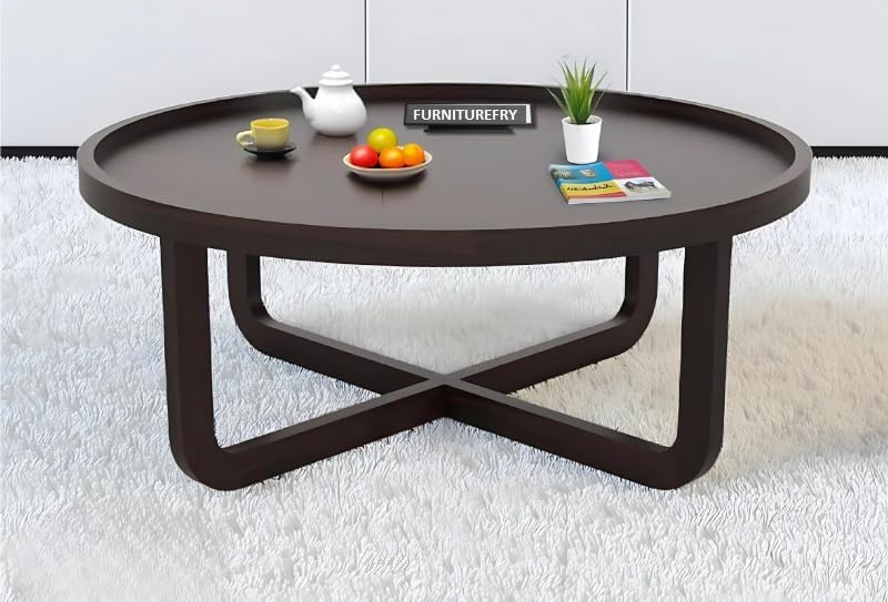 Image of Solid Wood Round Wheel Coffee Table, Wooden Round Center Table for Home & Office, Long Space Center Table, 34x34x14.5 Inch, (Walnut Finish)