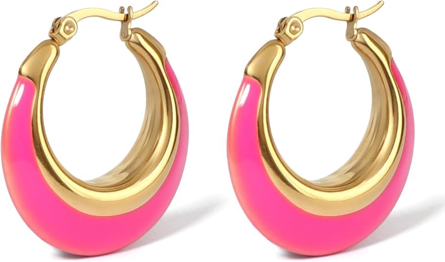TaYolnFaSo Hot rose émail Boucles d'oreilles Hoop pour les femmes Chunky or Boucles d'oreilles Bijoux Cadeau pour les amis sœurs