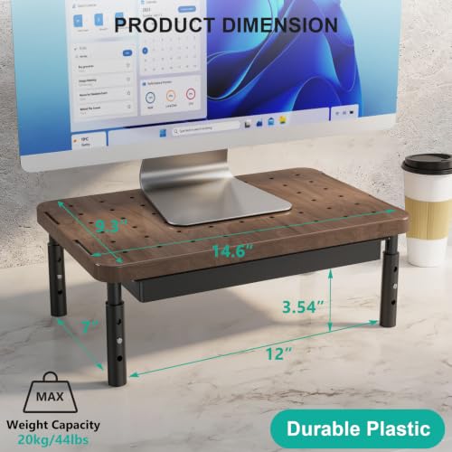 Image of WALI Plastic Computer Monitor Stand with Storage, Desk Monitor Riser 3 Height Adjustable, Laptop Riser with Airflow Vents, Desk Organizer for Computer, Laptop, Printer (PTT002-C), 1 Pack, Brown