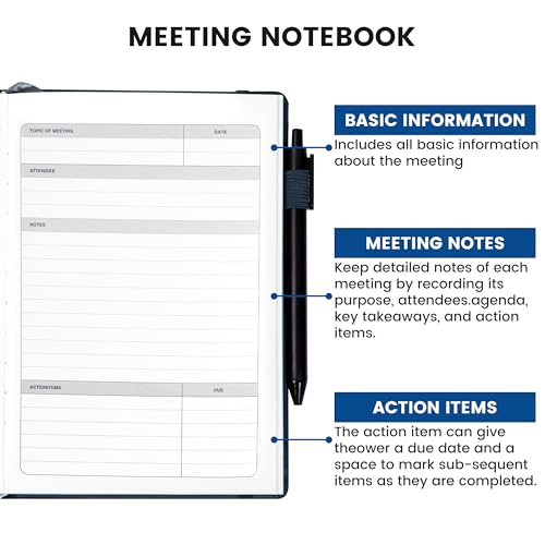 Yoment Meeting Notebook for Work with Action Items Hardcover Leather 5.5x 8.5 Office Project Planner for Women Men Meeting Notes Notebooks for Work,Dark Blue — view 2
