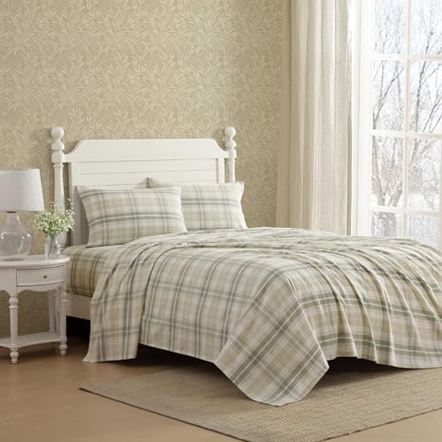 Image of Laura Ashley - Flannel Sheets King Size, Anti-Pilling & Wrinkle Resistant Cotton, Touchably Soft for All-Season Comfort - Bed Sheets with Matching Pillowcases & Fitted Sheet (Mulholland Plaid Green)