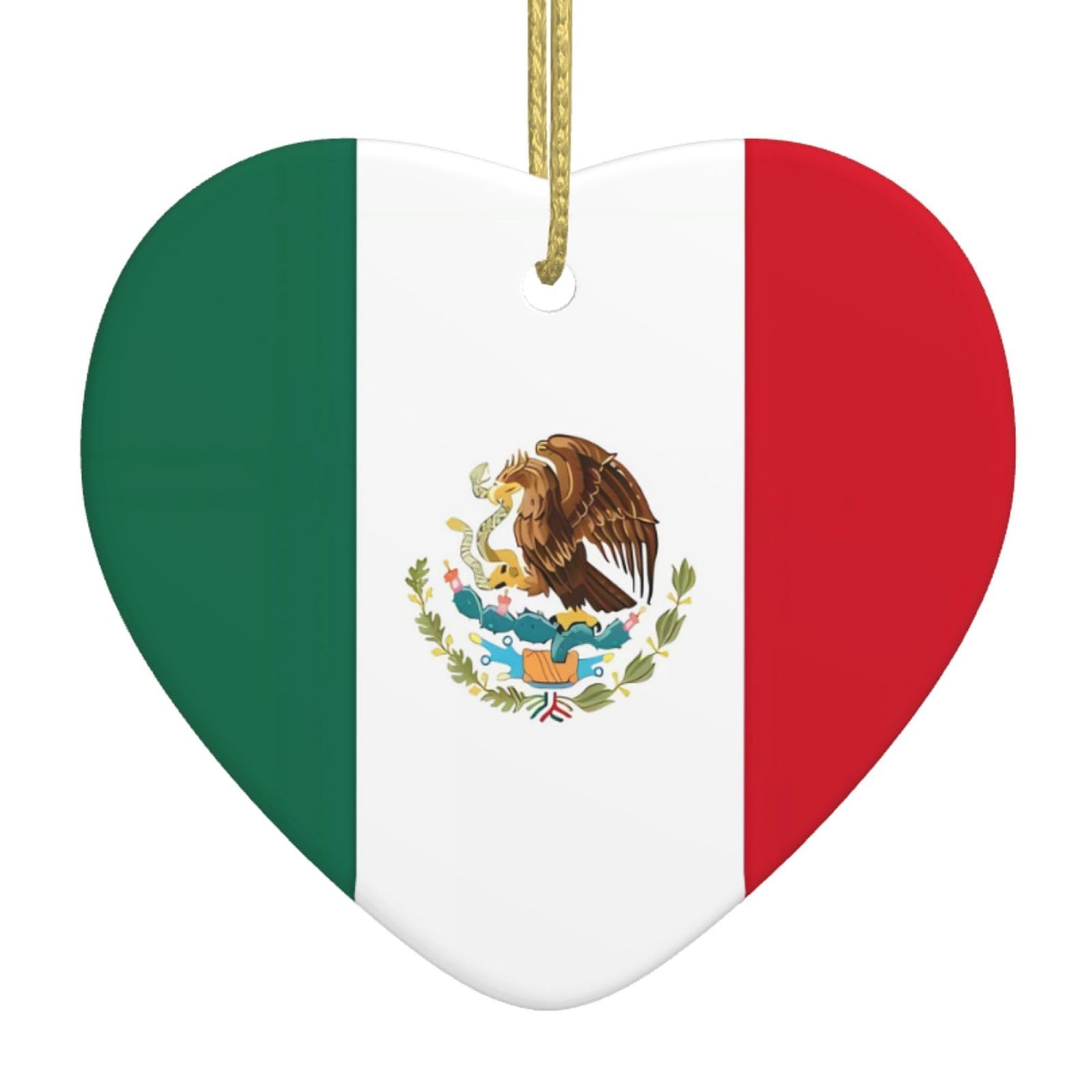 Flag of Mexico Ceramic Christmas Heart Pendant with Silk Thread, Christmas Tree Home Decoration