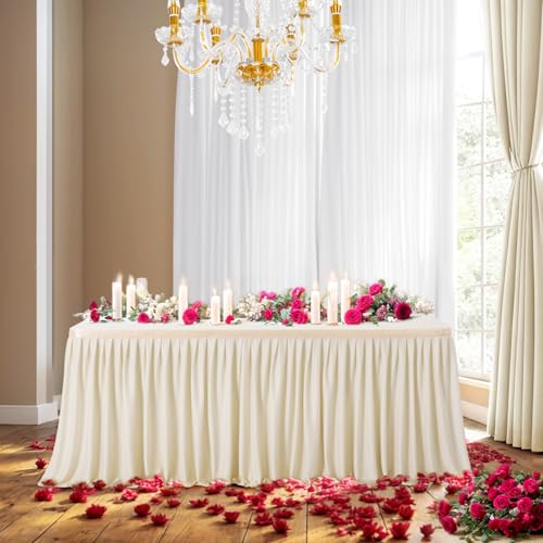 Leegleri 72Inch Long Beige Polyester Table Skirt for Rectangle Tables, Wrinkle Resistant Pleated Ruffle Table Cloth for Banquet,Wedding,Trade,Baby Shower(Table Cover Not Included) - Thumbnail 5