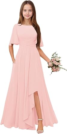 Flutter Sleeves Junior Bridesmaid Dresses for Wedding Long Scoop Neck Flower Girl Dress Formal Party Gown