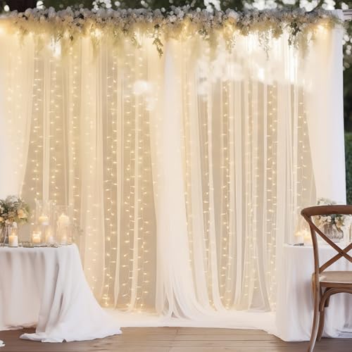 20ft x 10ft White Backdrop Curtain with Lights String for Parties, Sheer Tulle Wedding Photo Backdrops Drapes for Baby Shower Birthday Party Decorations Background for Photography