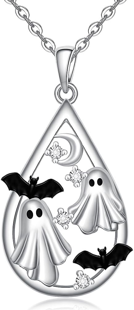 Halloween Necklace Bat Ghost Necklace for Women S925 Sterling Silver Gothic Pendant Ghost Jewelry Halloween Gifts for Mom Wife