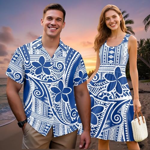 Image of Dreaweet Summer Dresses for Women A-Line Sleeveless Flowy Sun Dresses,Men's Casual Button-Down Shirts,Couple Matching Outfits