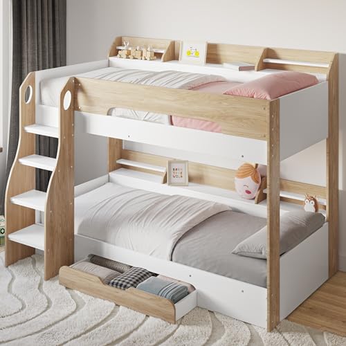 Flair Furnishings - Double Bunk Beds, Wooden Bunk Beds for Kids with Shelves and Drawer, Heavy Duty and Sturdy, Cosy, Stylish, Space Saving Design (Oak & White)