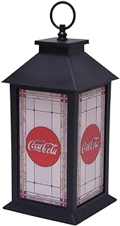 Coca Cola Vintage Logo Flameless Pre Lit LED Stained Glass Style Lantern, Black, 13 Inch