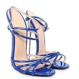 TIKENBST High Heels 18cm Stiletto Deep Toe Mary Janes Knöchelwickel Spike Schuhe Metall Sandalen Dance Club Heels,Blue-37