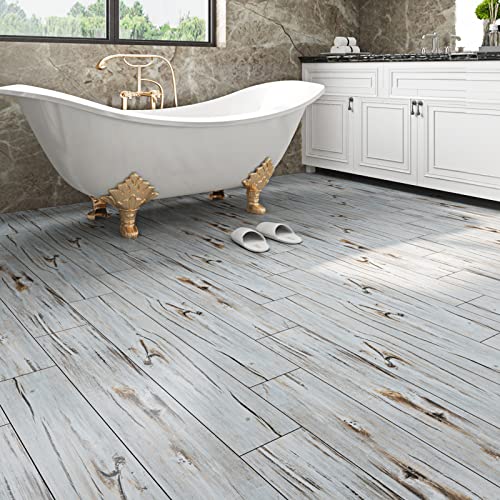 Livelynine 32 Fliesen PVC Bodenbelag Holzoptik Vinylboden Selbstklebend Blau Bodenfliesen Selbstklebend Rustikal Wasserdicht Fliesenaufkleber Boden Badezimmer Küche Tapete Holzoptik Blau 90CMx15CM