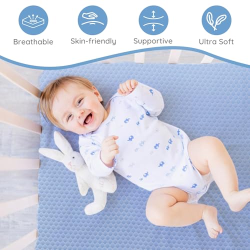 Image of Crib Mattress Dual Sided Memory Foam Baby Toddler Bed Mattress, 52 inch x 27.6 inch x 5.5 inch Soft Breathable Mattresses with Removable Machine Washable Cover, Fits Standard Cribs&Toddler Beds, White&Blue