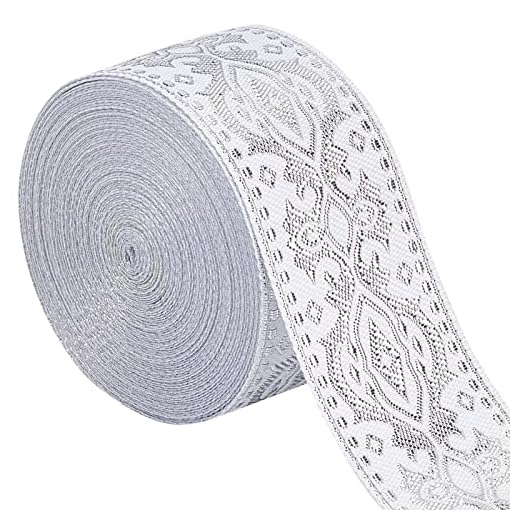 GORGECRAFT Cinta Jacquard Étnica de 33 mm de Ancho Doble Lado Plata Bordado Floral Cintas Tejidas de Poliéster Banda de Flecos Blanca para Bricolaje Costura Artesanía Ropa Cortina Accesorios