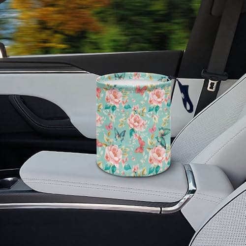Image of Pink Roses Butterflies Car Trash Bin Folding Vehicle Garbage Small Mini Front Back Seat Rubbish Basket with Strap Travel Garbage Organizer Bag Accessories, Keep Tidy Pink