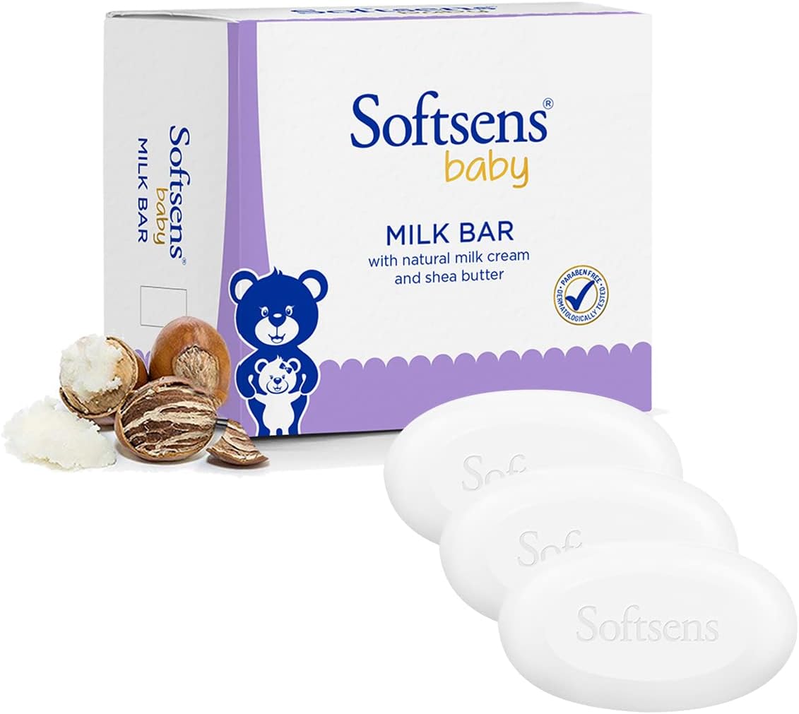 Softsens Baby Moisturizing Milk Soap Bar Enriched with Natural Milk Cream & Shea Butter I Dermatologically Tested & Paraben Free for Baby Skin- Pack of 1 (100 gms x 3)