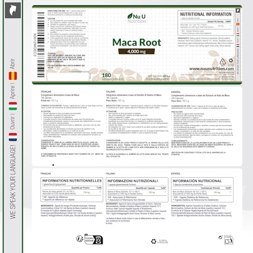 Maca Negra Peruana 4000mg - 180 Cápsulas Veganas - 6 Meses de Suministro - Para Hombre y Mujer - Extracto de Raíz de Maca Andina de Alta Potencia - Fabricado en Europa - Nu U Nutrition