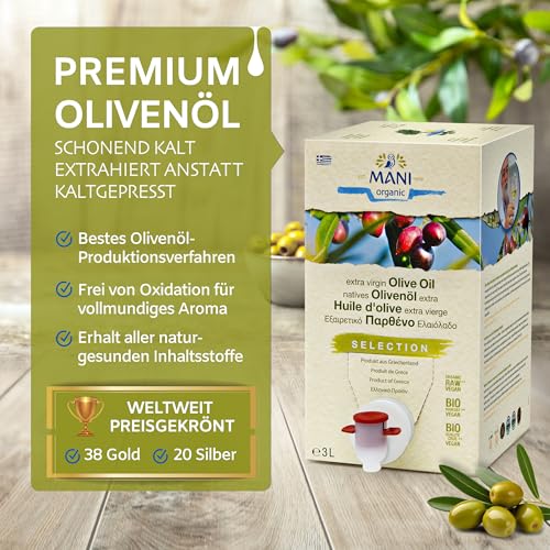 MANI - Olivenöl BIO 3l preisgekrönt aus Griechenland - Olivenöl Nativ Extra kalt extrahiert Güteklasse 1