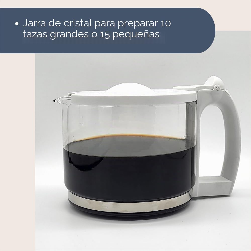 Terraillon – Cafetera de filtro eléctrico DIAMANTE BLANCO – Jarra de cristal – 980 W – Capacidad 1,25 L – Mantiene el calor – Indicador de nivel de agua – Función antigoteo – Base en relieve efecto
