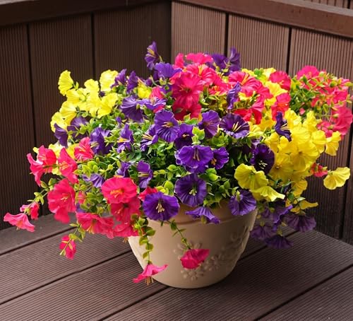 Image of Artificial Flowers for Outdoors, UV Resistant Fake Silk Morning Glory, Realistic Faux Plants for Outside Porch Patio Window Box Hanging Planter (12, Purple Yellow Hotpink)