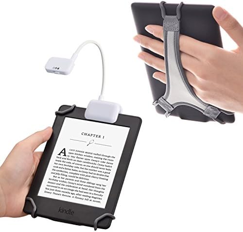 TFY Clip-on LED Reading Light with 2 Levels of Lumen Intensity for Kindle, Other e-Readers, Tablets, Books Plus Bonus Hand Strap Holder for 6 inch Kindle e-Readers - White
