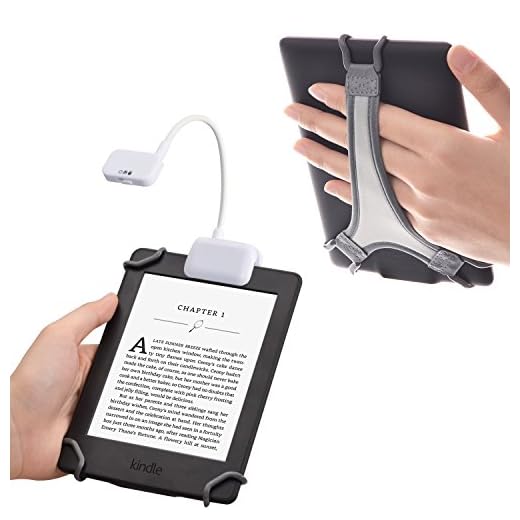TFY Clip-on LED Reading Light with 2 Levels of Lumen Intensity for Kindle, Other e-Readers, Tablets, Books Plus Bonus Hand Strap Holder for 6 inch Kindle e-Readers - White