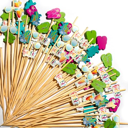 Beach Themed Cocktail Picks with 6 Fun Styles, 100pcs 4.7'' Bamboo Food Sticks for Appetizer & Charcuterie, Fruit Toothpicks for Hawaiian Luau,Pool Party,Summer Gathering,Tropical Ocean Decoration