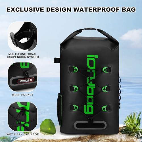 IDRYBAG Wodoodporny plecak dla mężczyzn i kobiet, wodoodporne torby na kajak, Zielony, 20L, Wodoodporny worek