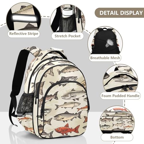 Vintage Fish Retro Backpack for School Book Bag Tablet Laptop Backpack Work Travel Bag with Reflective Stripes3