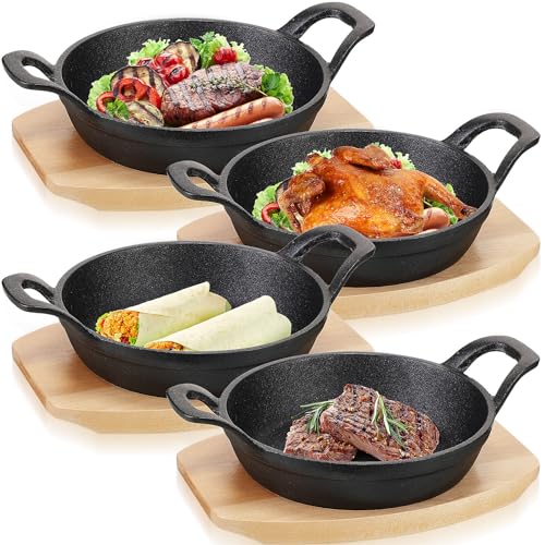 Sliner 4 Sets Mini Cast Iron Skillet Small Cast Iron Plates Skillet with Wooden Base Small Round Pan Fajita Plate Pot for Baking Cooking(7.1 Inches) by Sliner - Used condition - US$42.03