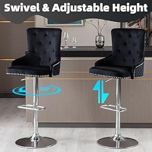 ABET Bar Stools Set of 3 Counter Height Stools with Footrest Velvet Adjustable Swivel Kitchen Island Chair with Upholstered Tufted High Back Lion Head Ring Nailhead Trim Chrome Base Black